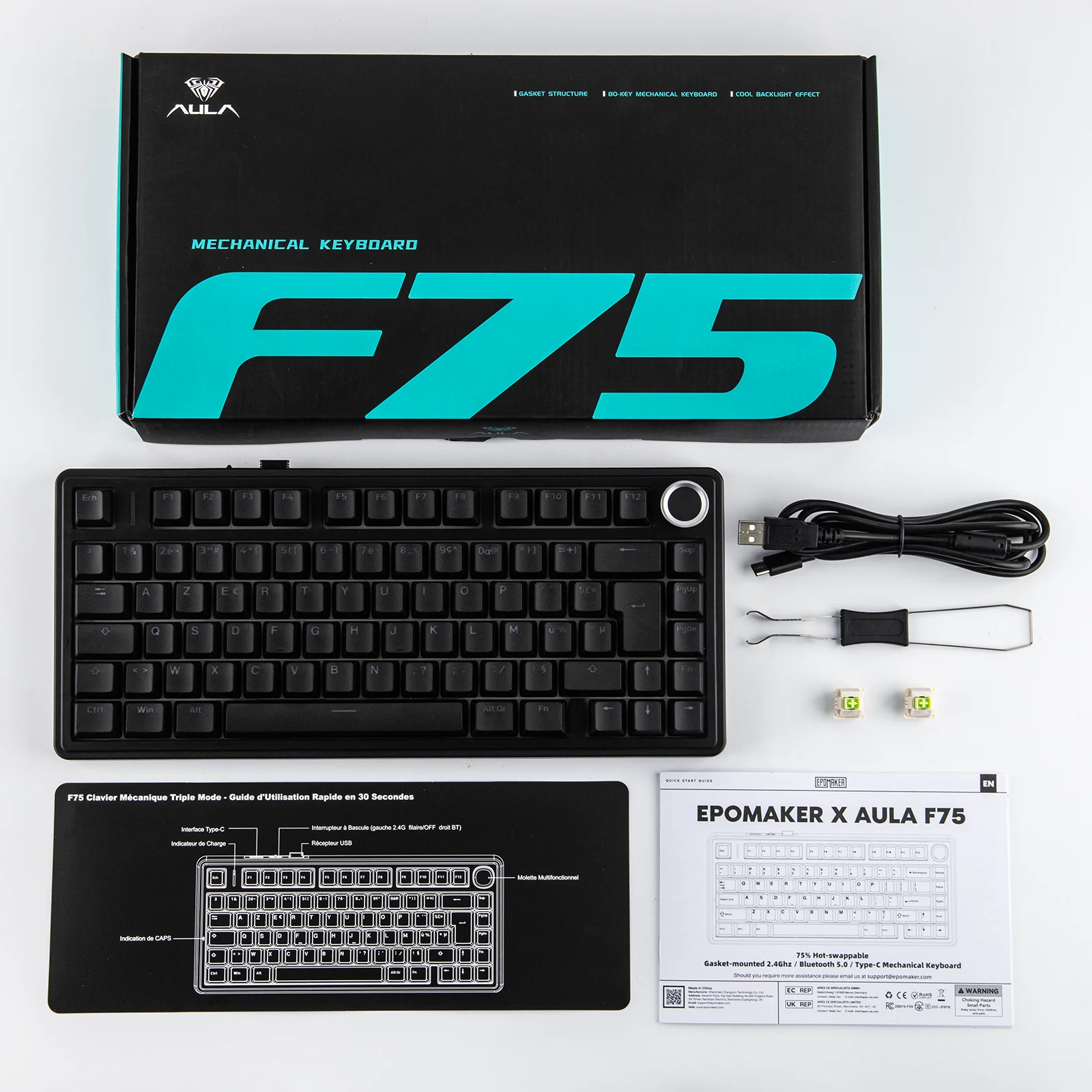 ISO-FR Layout AULA F75 75% AZERTY French Layout Wired/Bluetooth/2.4G Wireless Mechanical Gaming Keyboard RGB Backlighting 4000mAh Battery For Win/Mac