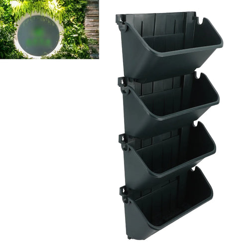 Four-pot vertical wall planter set in dark plastic with four rectangular planting trays