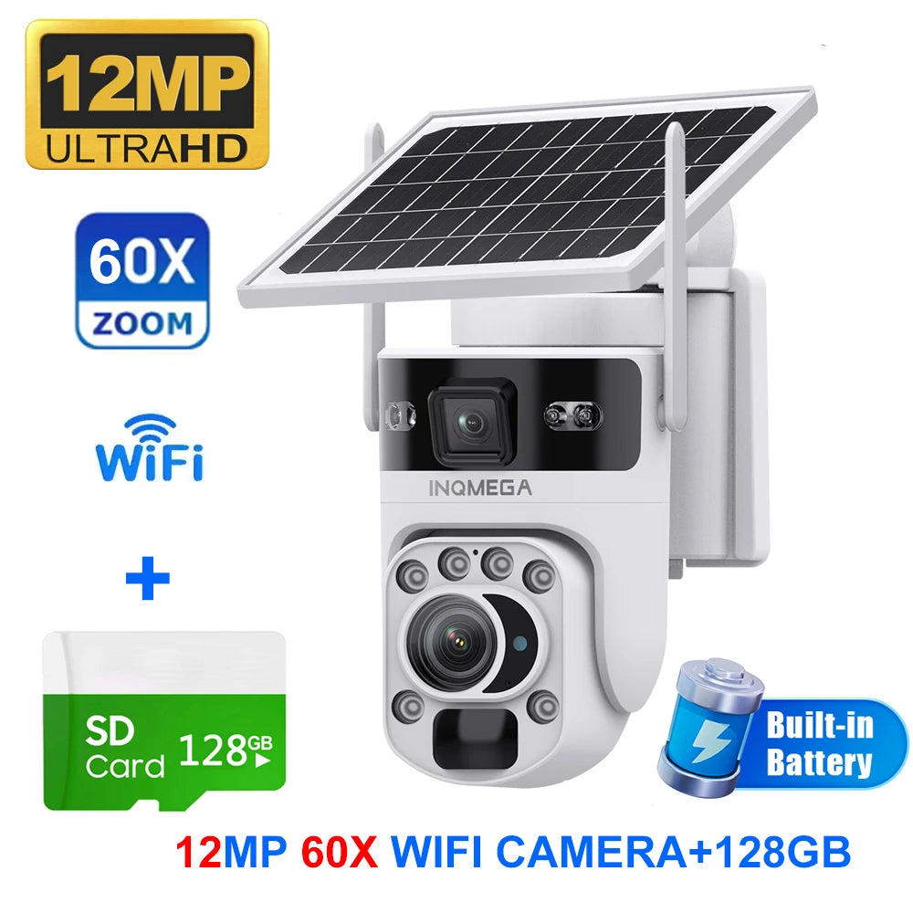 White solar PTZ WiFi security camera with dual lens, 60X zoom, 12MP UltraHD, 128GB