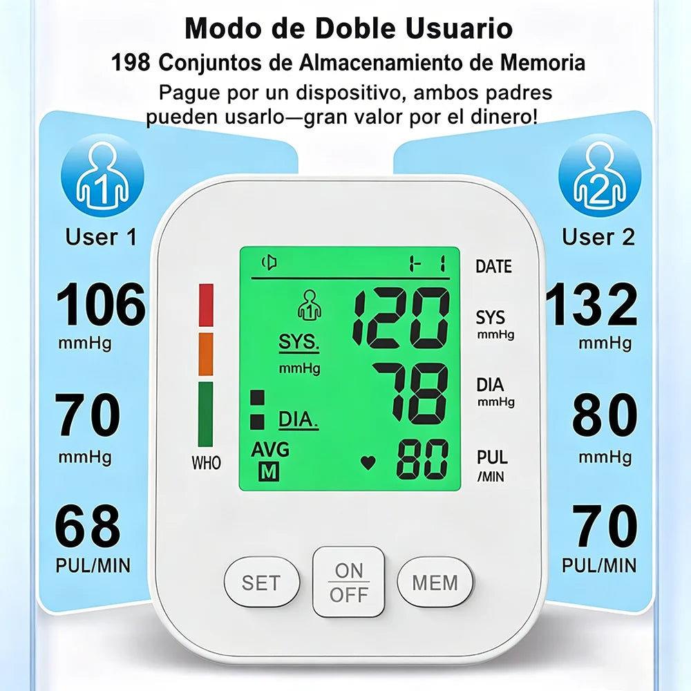 Spanish Upper Arm Automatic Blood Pressure Monitor BP Sphygmomanometer Pressure Meter Tonometer for Measuring Arterial Pressure