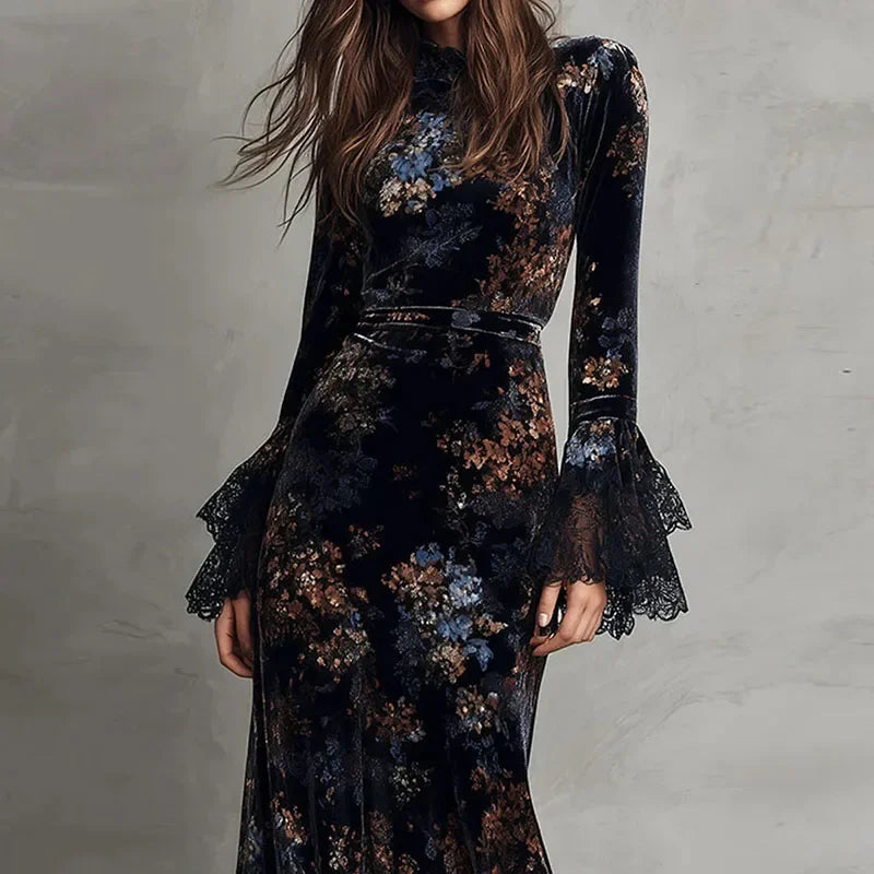 Retro New Floral Print Velvet Long Dresses Woman Sexy O Neck High Waist Evening Dress Autumn Long Sleeve Spliced Lace Maxi Dress