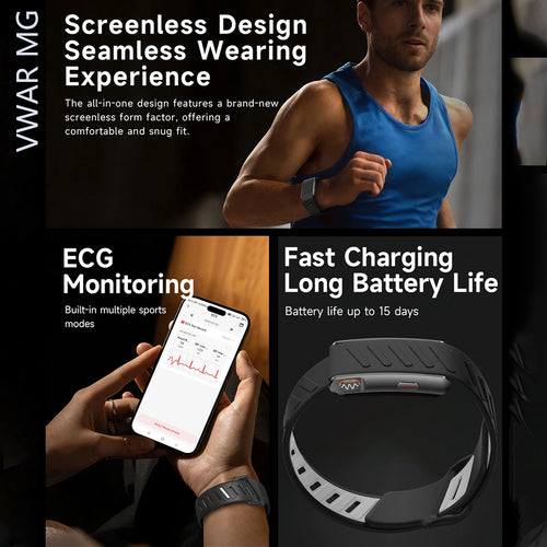 Black screenless health tracker bracelet with fitness features displayed on phone
