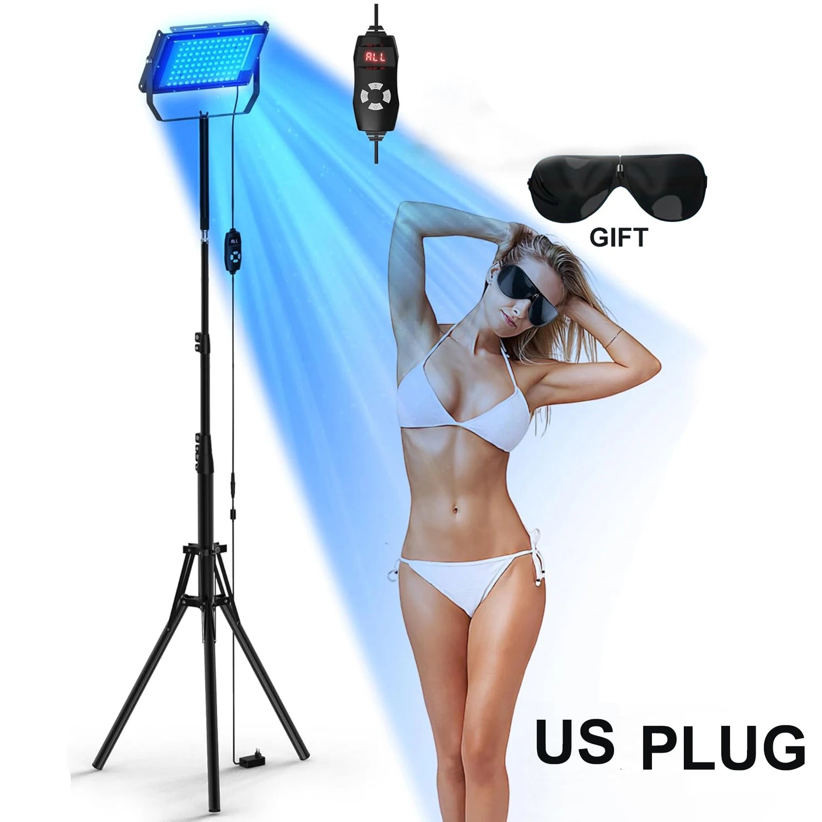 50W blue light tanning lamp on a tall tripod stand with 96 LED bulbs, remote control, and protective eye goggles.