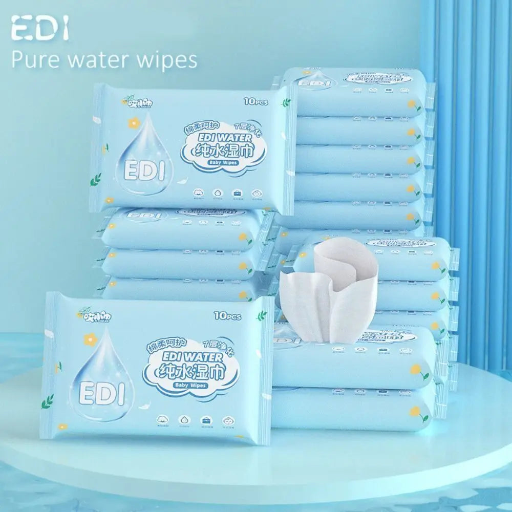 EDI pure water baby wipes in 10-count blue travel packs, featuring soft disposable baby care cleansing wipes.