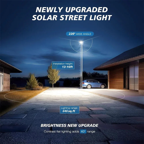 Solar street light pole with wide-angle illuminated LED head for driveways and walkways