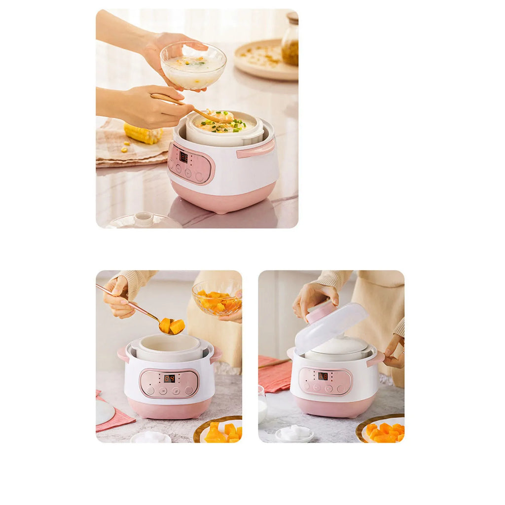 Pink mini electric rice cooker shown in-use with bowls and ladle, lid and controls visible