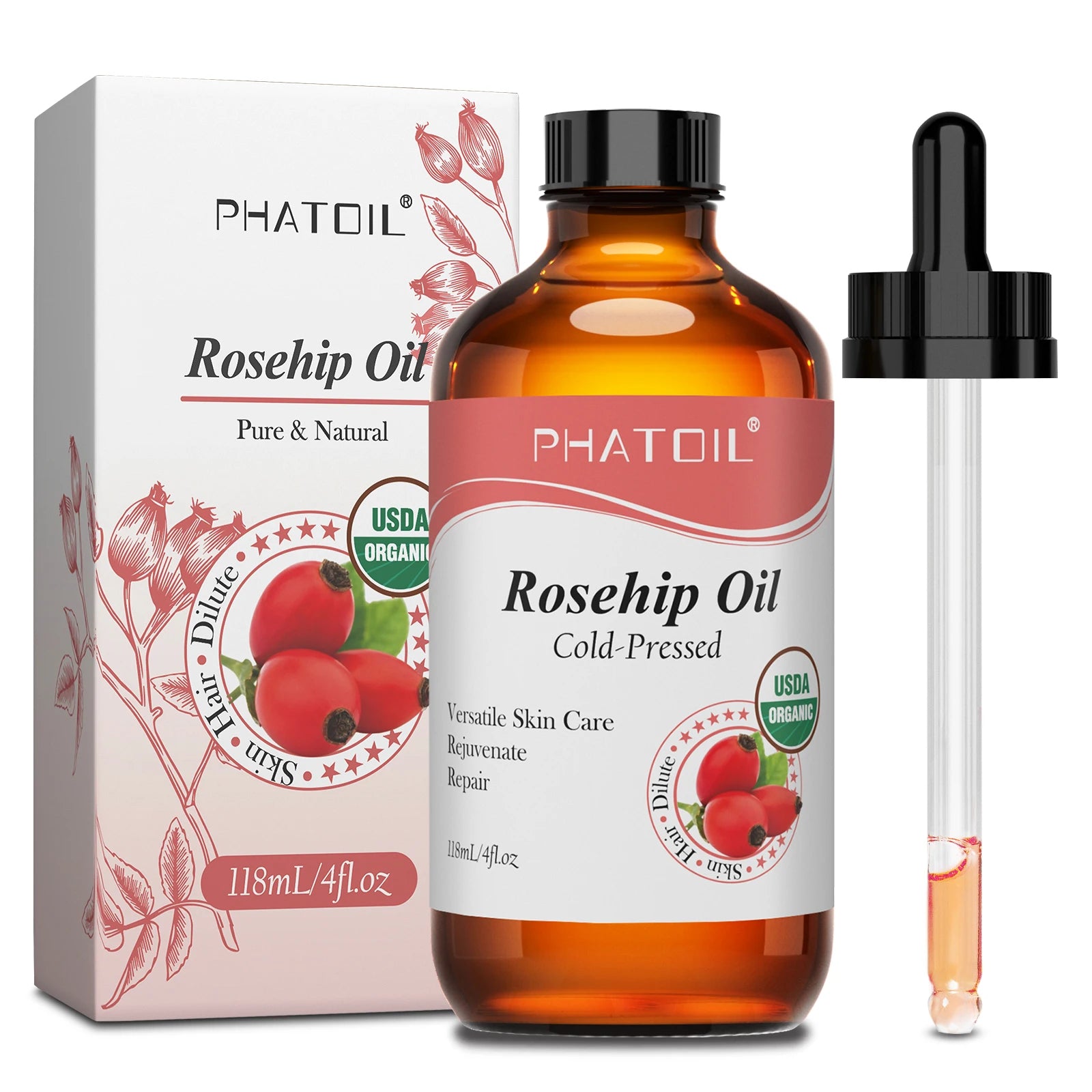 Rosehip oil facial oil bottle with black cap, dropper and boxed packaging, 118ml