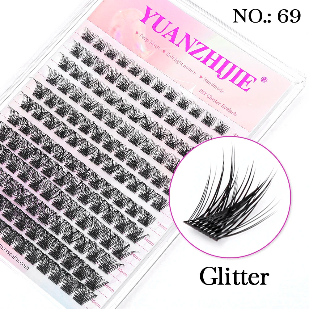 A tray of 144 black segmented DIY eyelash clusters with a zoomed-in view of a single wispy cluster.