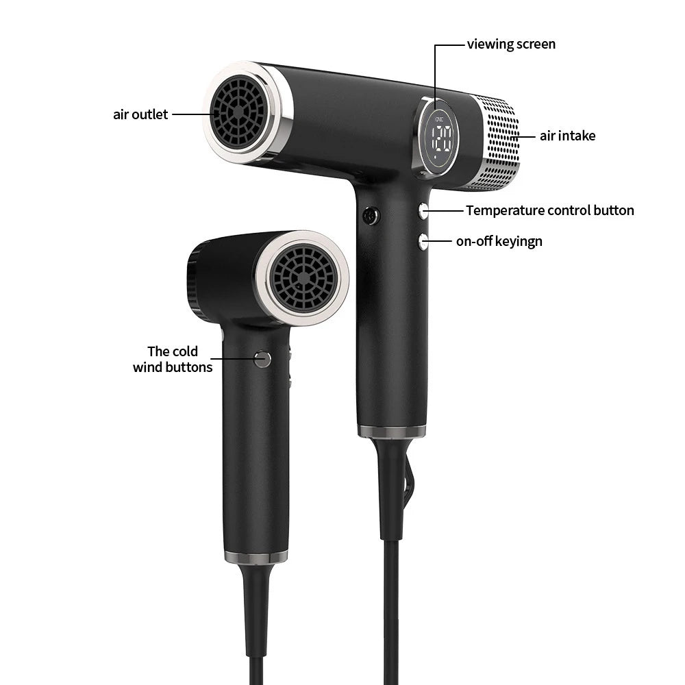 Black 110,000RPM professional brushless hair dryer with LCD display, temp controls, and sleek modern design.