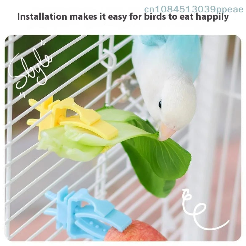 Yellow and blue plastic bird cage food clips holding vegetables and fruit for easy pet bird feeding.