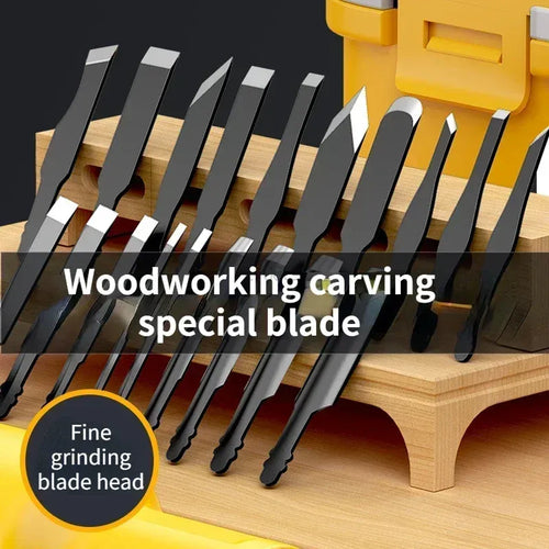 Woodworking electric carving chisel blade set with multiple dark metal blades