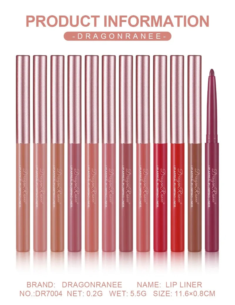 Set of 12 waterproof, velvet matte lip liner pens in various shades, featuring a smooth, long-lasting crayon design.