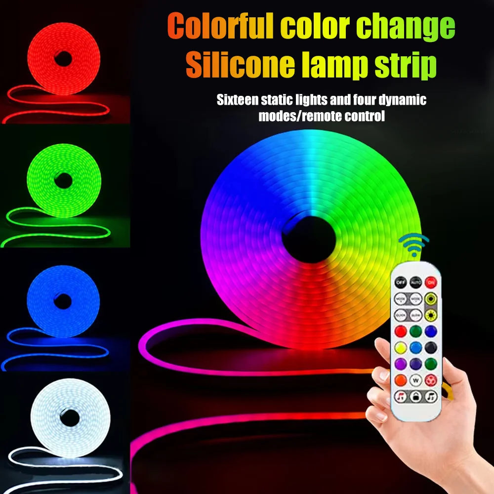 Color-changing LED neon rope light strip with silicone loop and remote control
