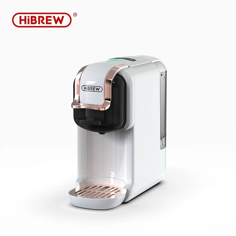 HiBREW compact white and rose gold capsule coffee machine with transparent water tank on white background.