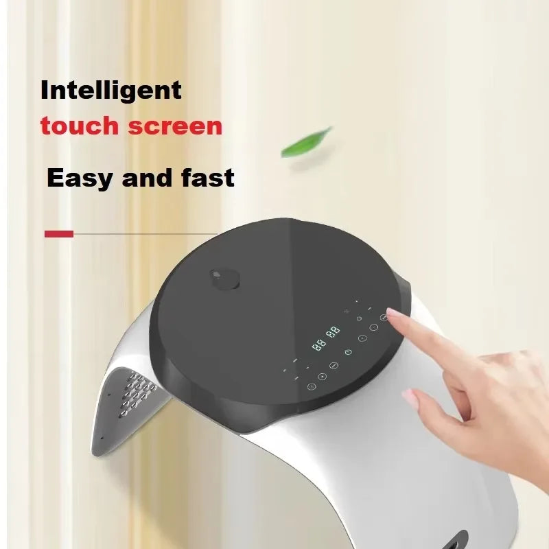 Hand touching digital screen of 7-color PDT LED light therapy mask for professional facial rejuvenation and acne care.