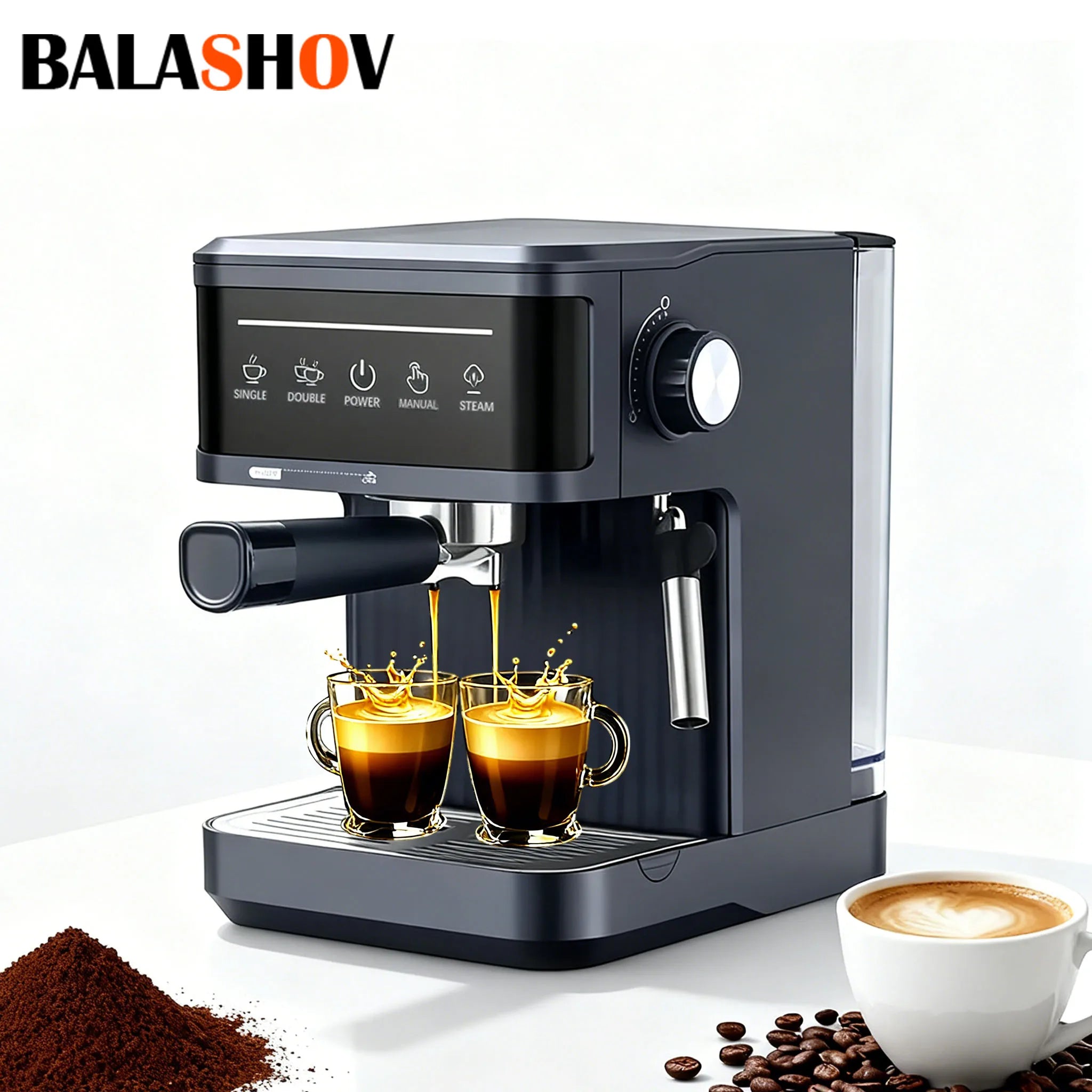 Balashov matte black espresso machine with digital touch panel, milk frother, and dual-cup brewing feature.