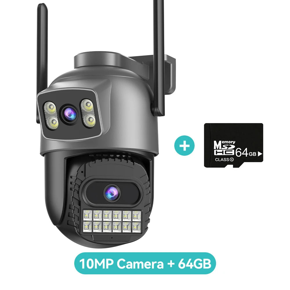 Outdoor dual-lens WiFi security camera, dark gray, two antennas; includes 64GB microSD