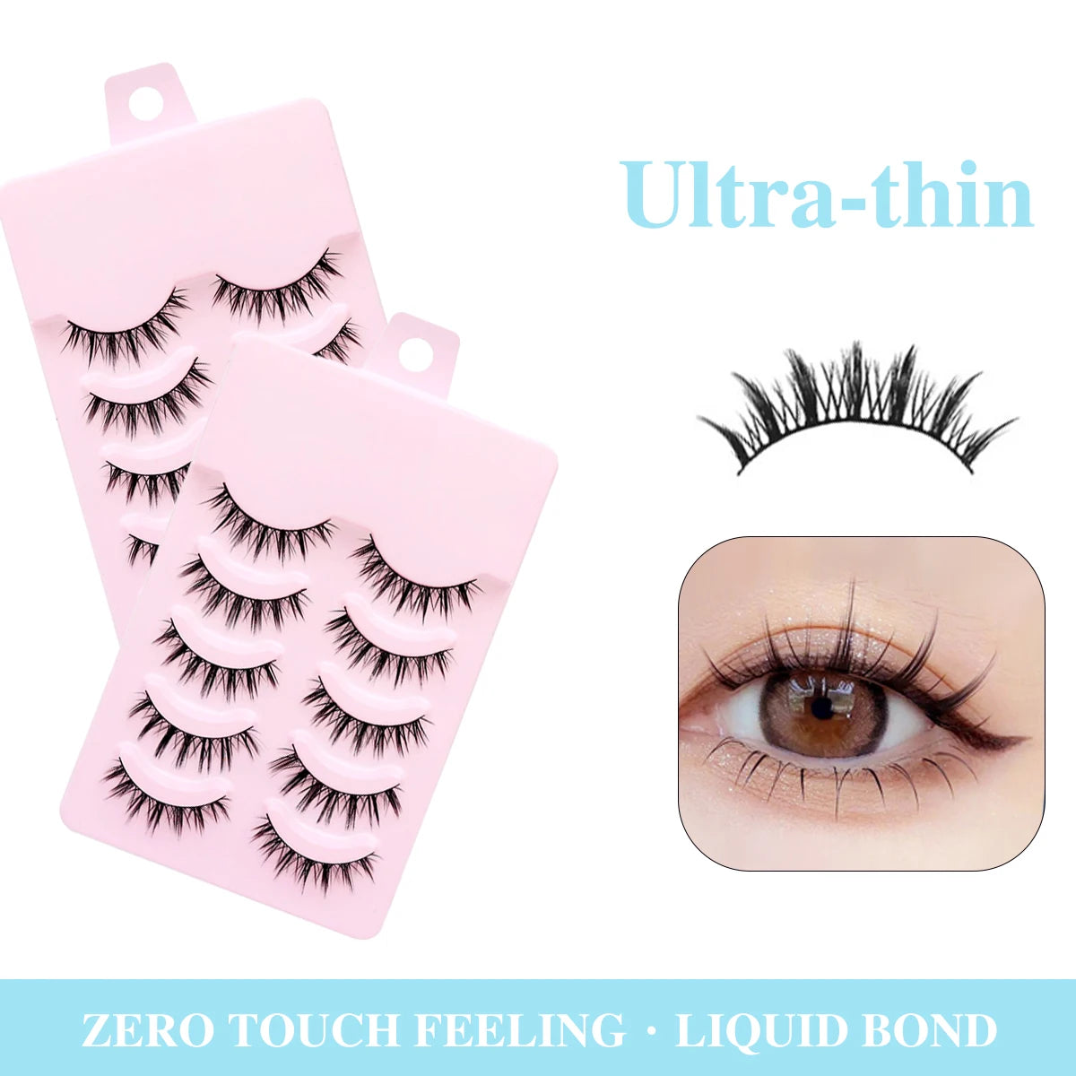 Five pairs of wispy, black manga-style false lashes in pink packaging, showing a close-up of a doll-eye makeup look.