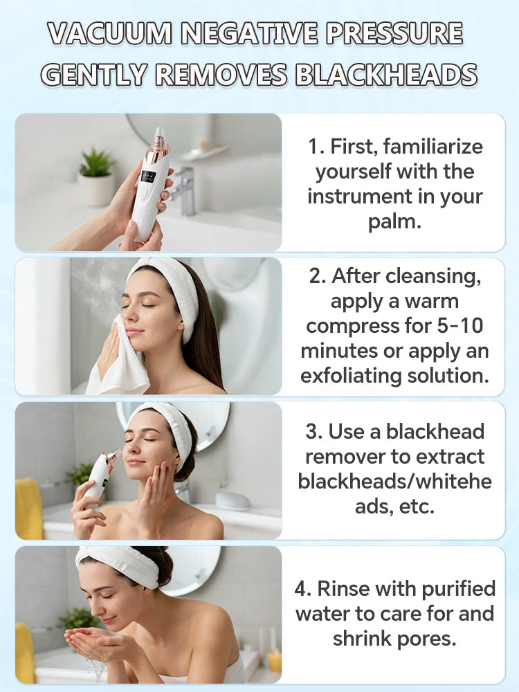 Four-step instructional infographic for a white and rose gold portable face vacuum blackhead remover tool.