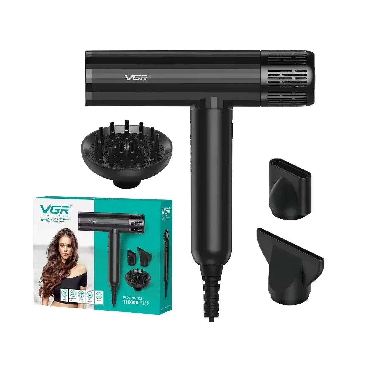 Black VGR professional 110k RPM hair dryer with diffuser, styling nozzles, and gift box packaging.