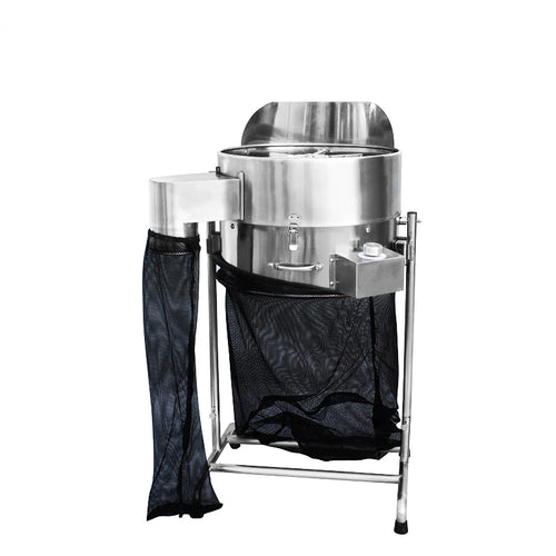 Automatic bud and leaf trimmer with stainless steel drum, side chute, and black mesh bag