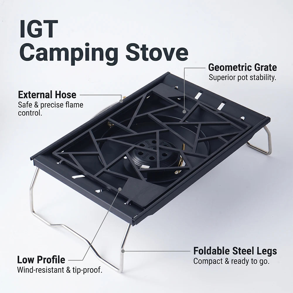Portable camping stove with geometric grate, external hose, and foldable steel legs