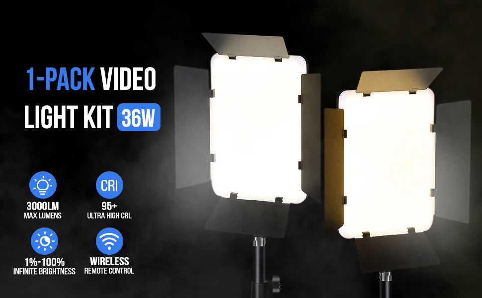 Rectangular LED video light panel with adjustable black barn doors on a stand for photography and studio lighting.