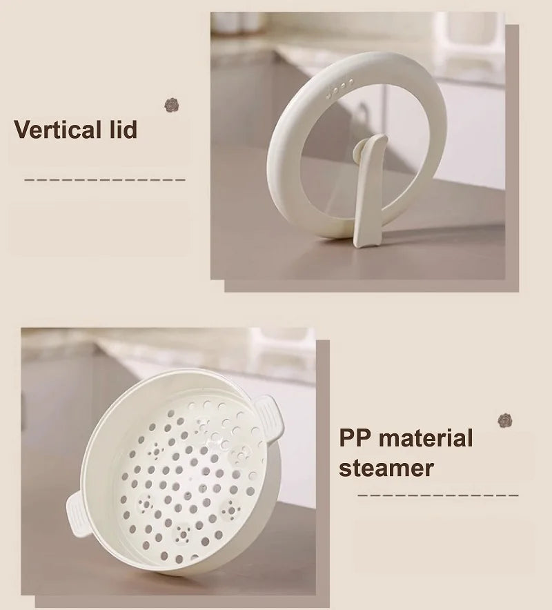 Electric cooking pot vertical lid and perforated PP material steamer insert, shown close-up
