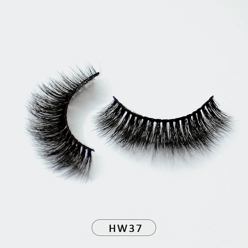 Pair of 3D black mink false eyelashes with ultra-soft flex bands on a white background, labeled HW37.