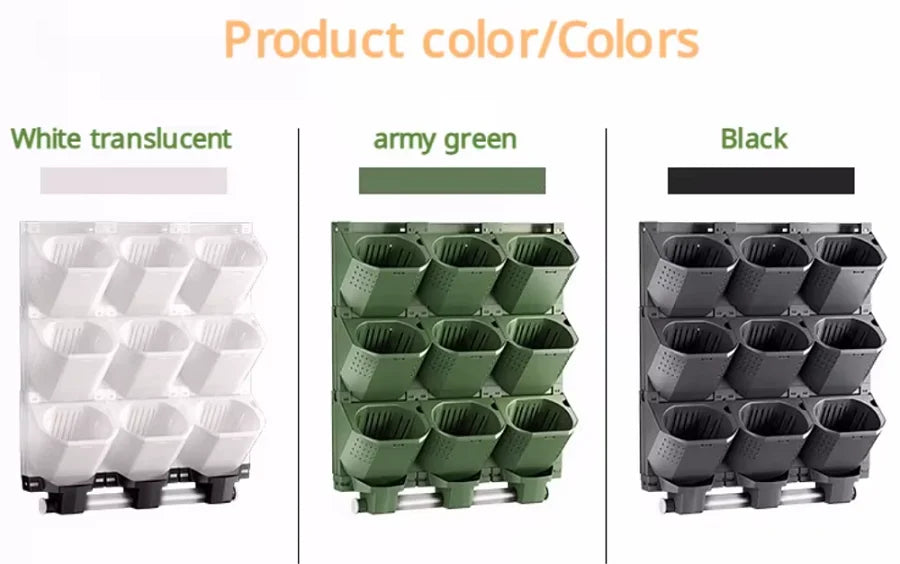 Modular vertical garden planter colors: white translucent, army green, and black