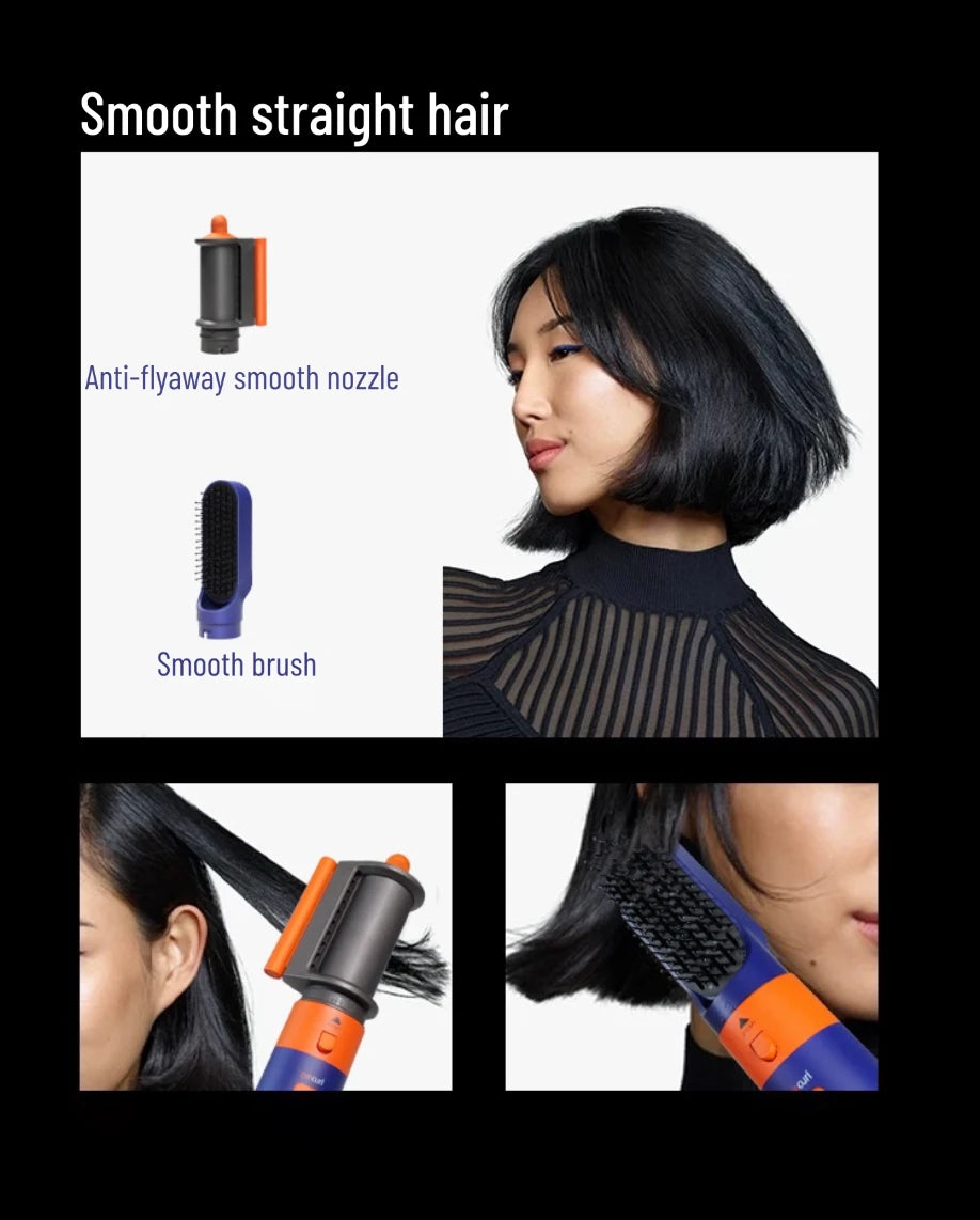 6-in-1 hair styler with blue and orange anti-flyaway nozzle and smooth brush for sleek, straight hair styling.