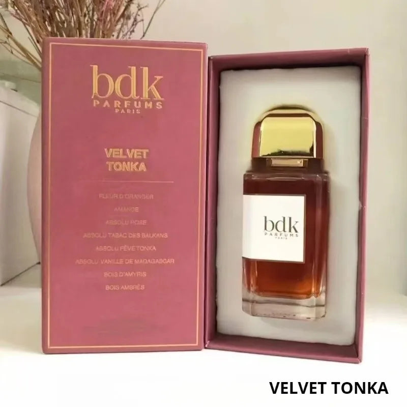 BDK Parfums Velvet Tonka 100ml EDP: Unisex, square bottle with gold cap, sweet almond and vanilla notes, luxury perfume.