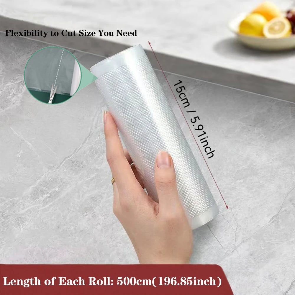 Vacuum sealer bag roll, clear/gray textured plastic, 15 cm wide, 500 cm long