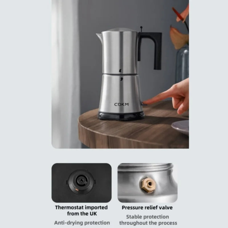 CDKM stainless steel electric moka pot coffee maker with black handle, thermostat, and pressure relief valve.