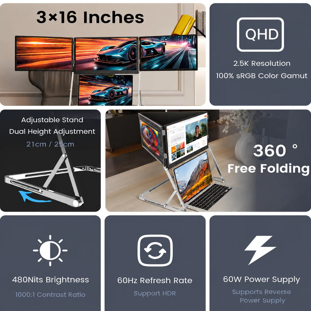 Sibolan 16" 2.5K Three Screen Portable Monitor 60Hz 100% sRGB Metal Body HDMI USB-C Plug Laptop Display Extender For Wins Mac OS
