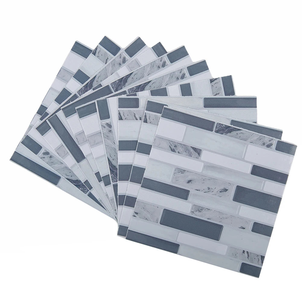 3D mosaic tile sticker sheets, light gray and white bricks with black marble accents