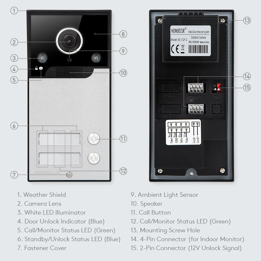XC112F-2 HD Waterproof Doorbell Camera with 2 Call Buttons for XSL 4 Wire 1080P Video Door Phone Intercom Home Security 2 Flats