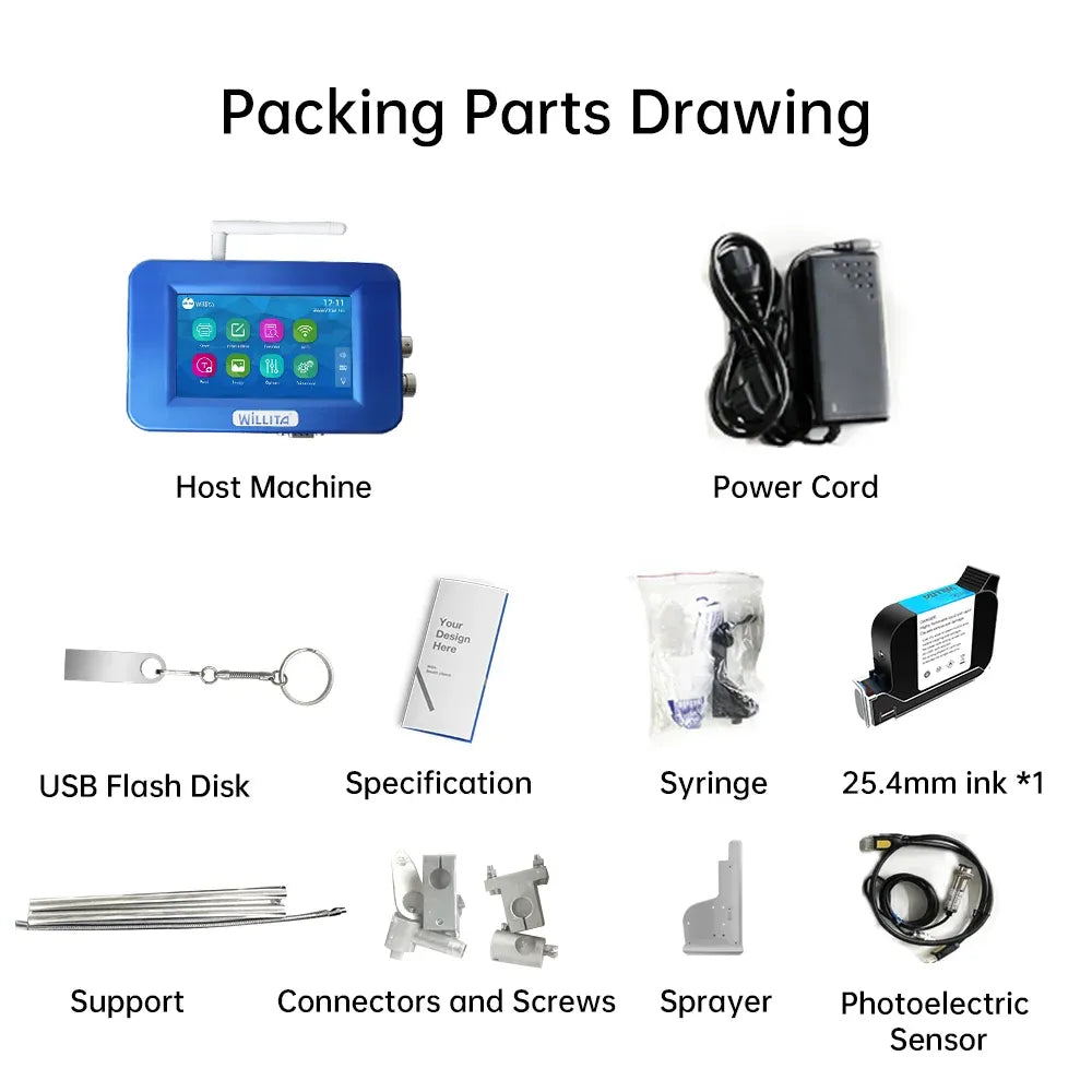 Inkjet printer kit packing parts: host machine, power cord, USB flash disk, syringe, sensor