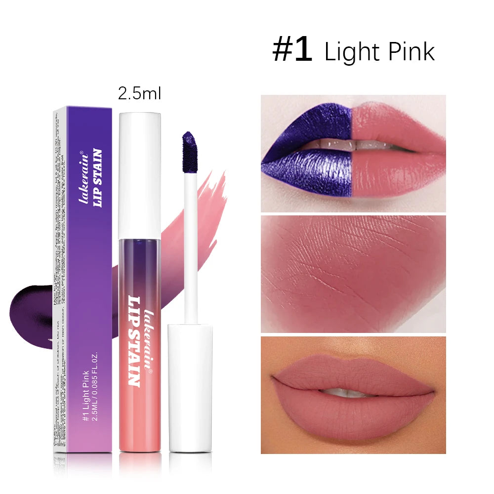 Waterproof peel-off lip stain in #1 Light Pink. Long-lasting, matte, transfer-proof liquid lip tint and applicator.