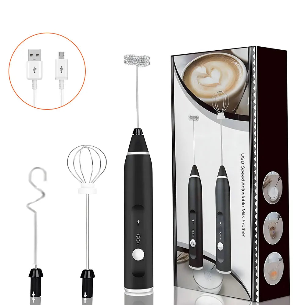 Black USB rechargeable handheld milk frother with three stainless steel whisk attachments and gift box packaging.