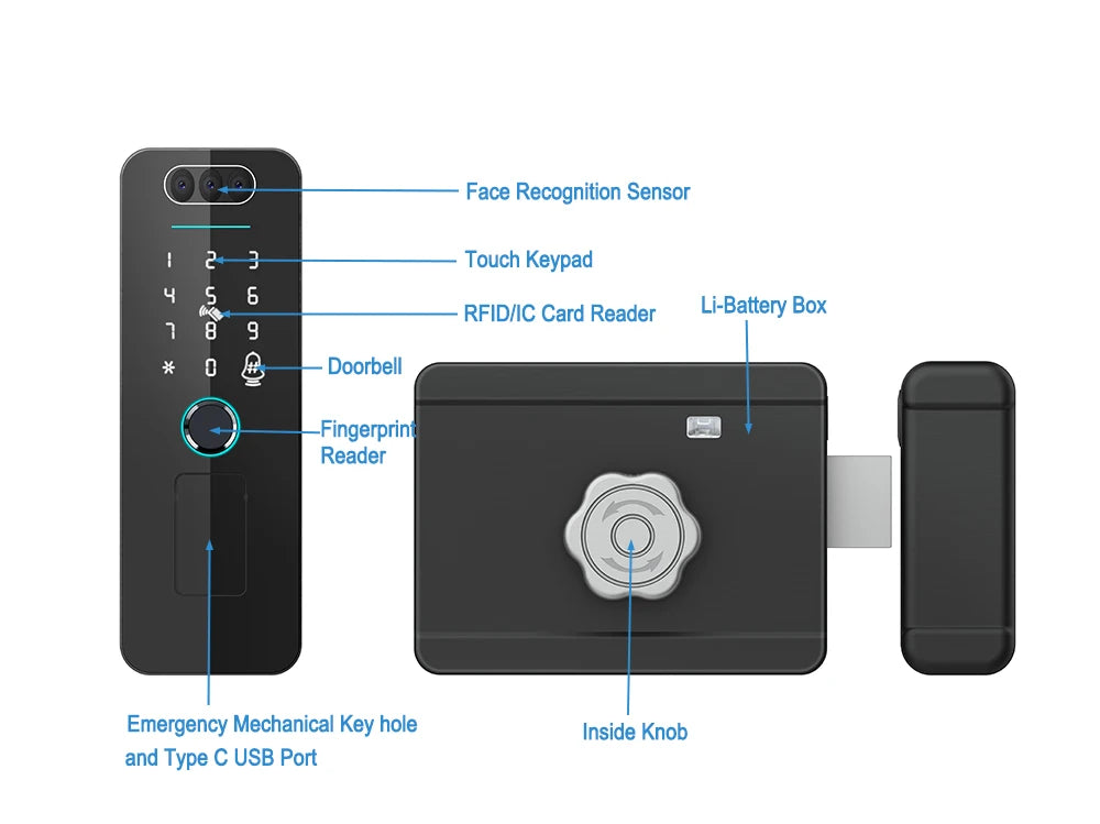 Outdoor Gate Waterproof Smart Tuya Wifi Lock 3D Face Recognition Digital Code Keyless App Remote Biometric Fingerprint Rim Lock