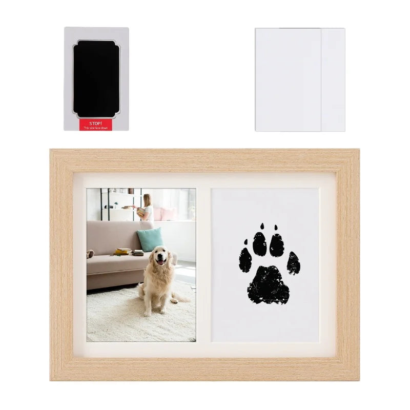 Non-toxic inkless ink pad kit for pet dog paw prints with a wooden frame to capture your pet's footprint keepsake.