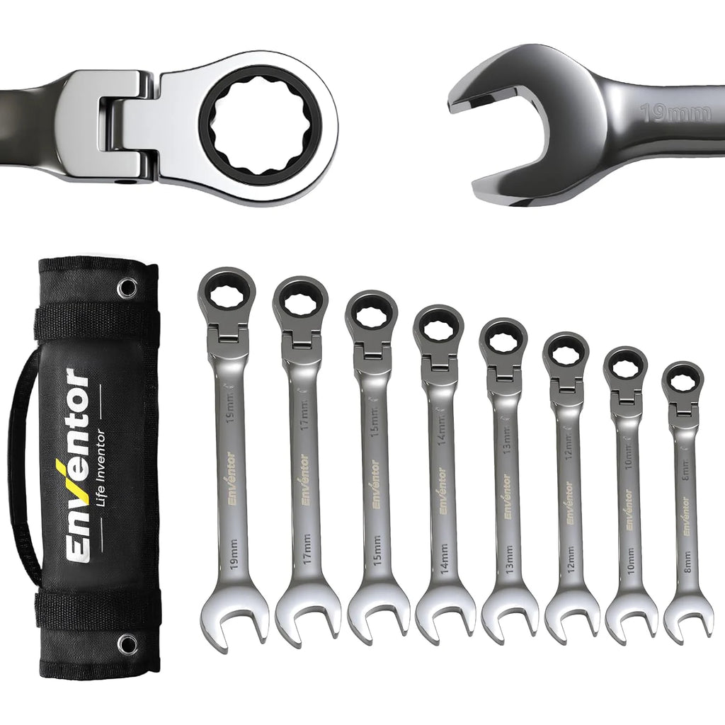 Enventor 8-Piece Flexible Ratchet Key Set, Fork Key Set, 72 Teeth, in Storage Bag, Chrome-Vanadium Steel, 8–19 mm, for Electricians, Car Repairs, Furniture Assembly