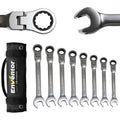 Enventor 8-Piece Flexible Ratchet Key Set, Fork Key Set, 72 Teeth, in Storage Bag, Chrome-Vanadium Steel, 8–19 mm, for Electricians, Car Repairs, Furniture Assembly
