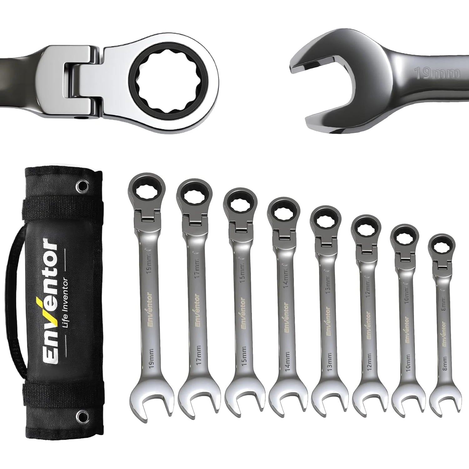 Enventor 8-Piece Flexible Ratchet Key Set, Fork Key Set, 72 Teeth, in Storage Bag, Chrome-Vanadium Steel, 8–19 mm, for Electricians, Car Repairs, Furniture Assembly