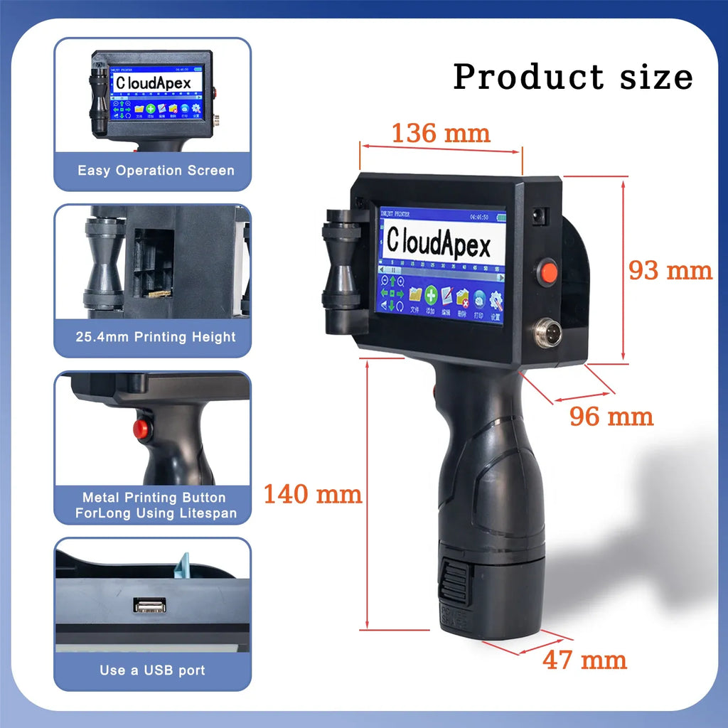 Portable handheld inkjet printer showing product size dimensions and control features