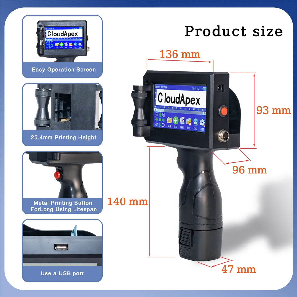 Portable handheld inkjet printer showing product size dimensions and control features