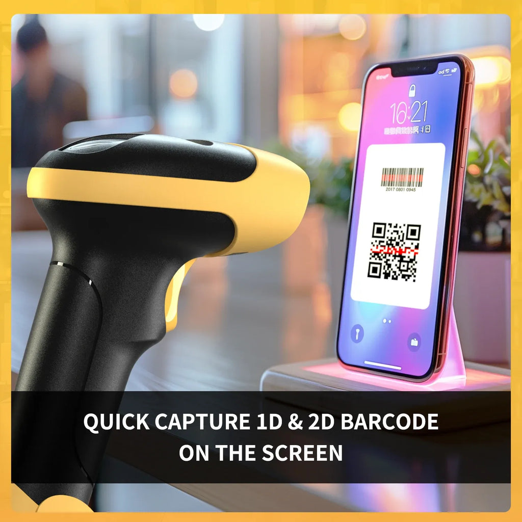 Yellow-and-black Bluetooth 2D handheld barcode scanner reading a phone screen barcode
