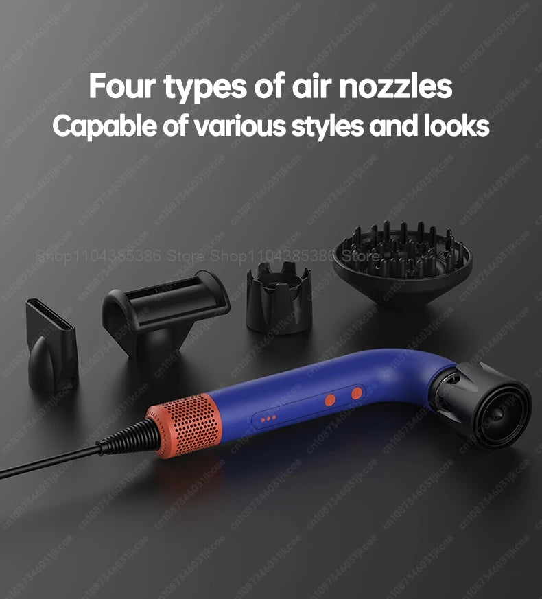 Blue negative ion hair dryer with four styling nozzle attachments for professional home hair care and styling.