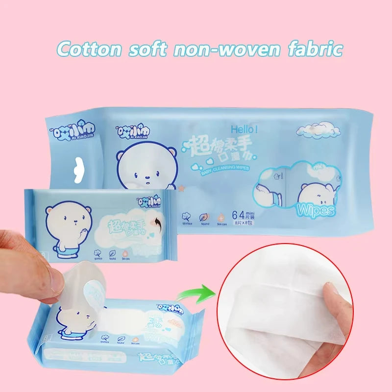 Super Mini Wet Wipes 64pcs Disposable Portable Small Package Extraction Hand And Mouth Cleaning Wipes Home School Supplies